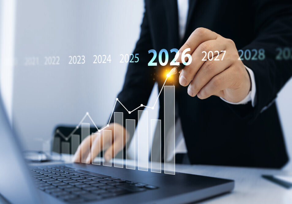 New business plans,goals,revenue and visions in business for new year 2026.New opportunity, challenge and strategy in 2026. Increase chart arrow graph corporate business future growth new year 2026